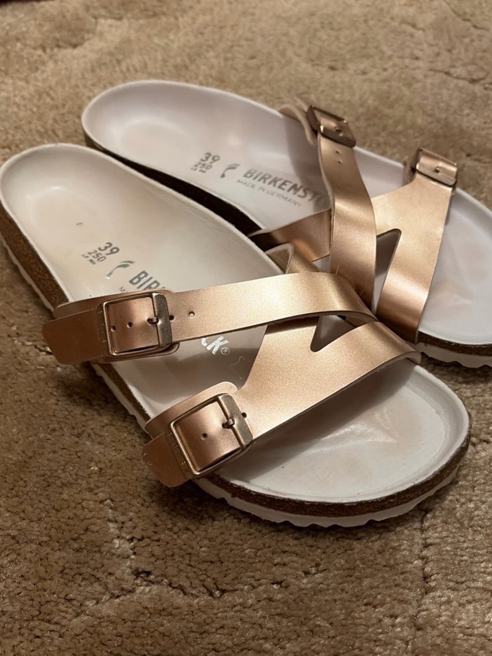 Birkenstock Crisscross Metallic Rose Gold Buckle Sandals